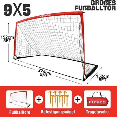 Ворота для футболу RUNBOW для дітей, портативні, для двору, дитячі тренування, з сумкою для перенесення, 2.7 x 1.5 м (Червоні, 274 x 152 см, 2 шт.)