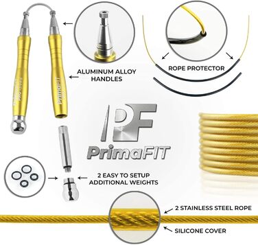 Скакалка PrimaFIT для дорослих: професійна, з регулюванням, з вагою, 3м, 2 підшипники, антиковзні ручки, для боксу, MMA, кросфіту, сталеве тросик, сумка (золота)