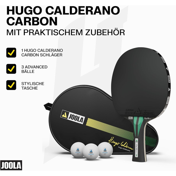 Ракетка для настільного тенісу JOOLA Hugo Calderano Carbon з м'ячами та чохлом, ITTF, чорно-зелена