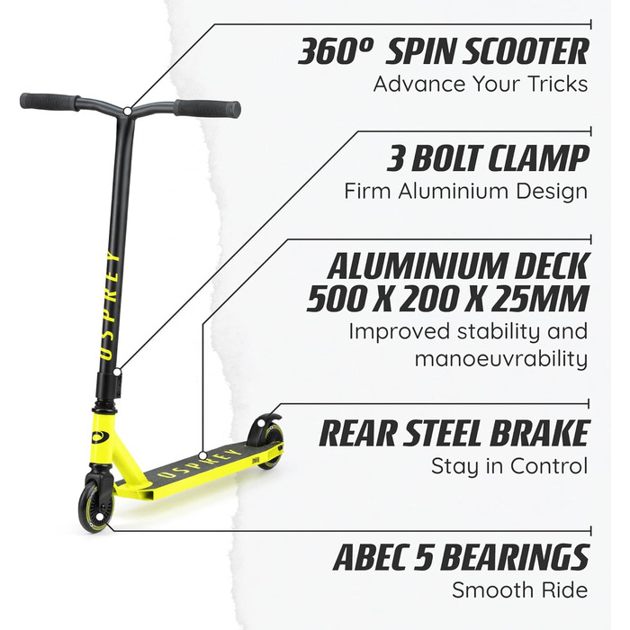 Самокат трюковий Osprey Stunt Pro 360° для дітей та дорослих, жовтий, з підшипниками ABEC 5