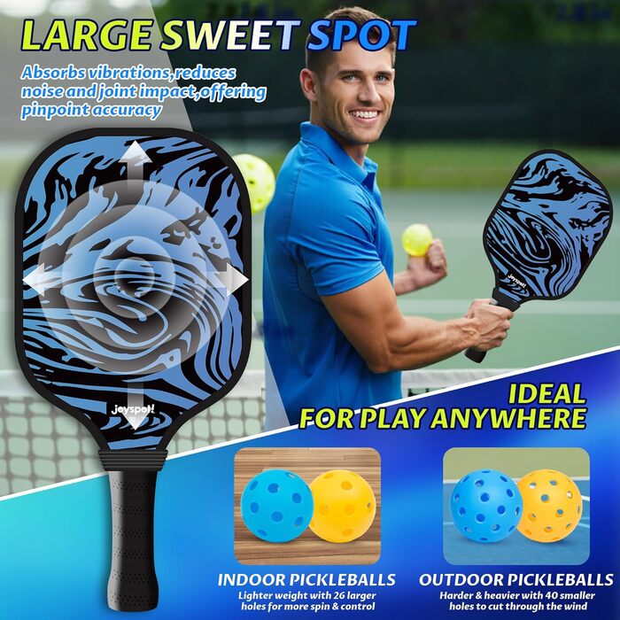 Набір для піклболу JOY SPOT! 2 ракетки, 4 м'ячі, сумка – Легкі ракетки з фібергласовою поверхнею для чоловіків, жінок та початківців – Ідеально для гри в приміщенні та на вулиці
