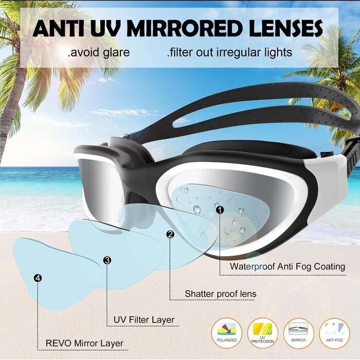 Окуляри для плавання Winline Polarized/Non-Polarized для дорослих та підлітків, антизапітніння, захист від УФ, водонепроникні, чітке бачення, легке регулювання, м'які носові упори, синьо-чорний/синій поларизований дзеркальний об'єктив (PC-All Black/Non-po