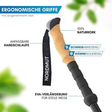 Тростини для відпочинку NORDMUT® Telescopic | Чоловічі та жіночі палиці для скандинавської ходьби | Легкі трекінгові палиці [з набором гумових накідок] регульовані з ручками з натуральної кори (Carbon)