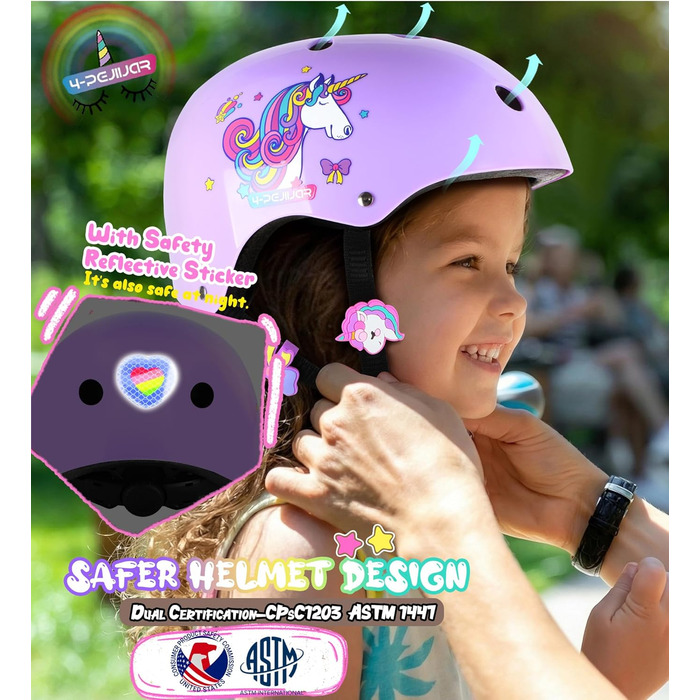 Дитячий шолом Einhorn для дівчаток з наколінниками. Захист для роликів, скейта, велосипеда. Розмір S (3-6 років).