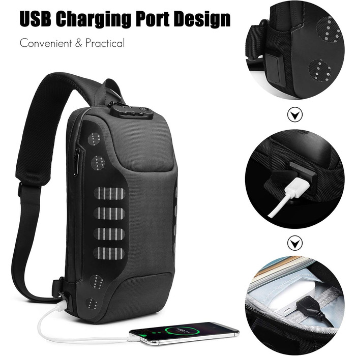 FANDARE антивандальний слінг-рюкзак з USB, водонепроникний поліестер, чорний, для чоловіків і жінок, для подорожей, спорту, велоспорту та туризму