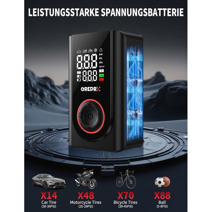 Електричний компресор GREPRO для авто, мото, велосипеда та м'ячів, 150 PSI, акумулятор 5000mAh, LED-ліхтар, цифровий манометр