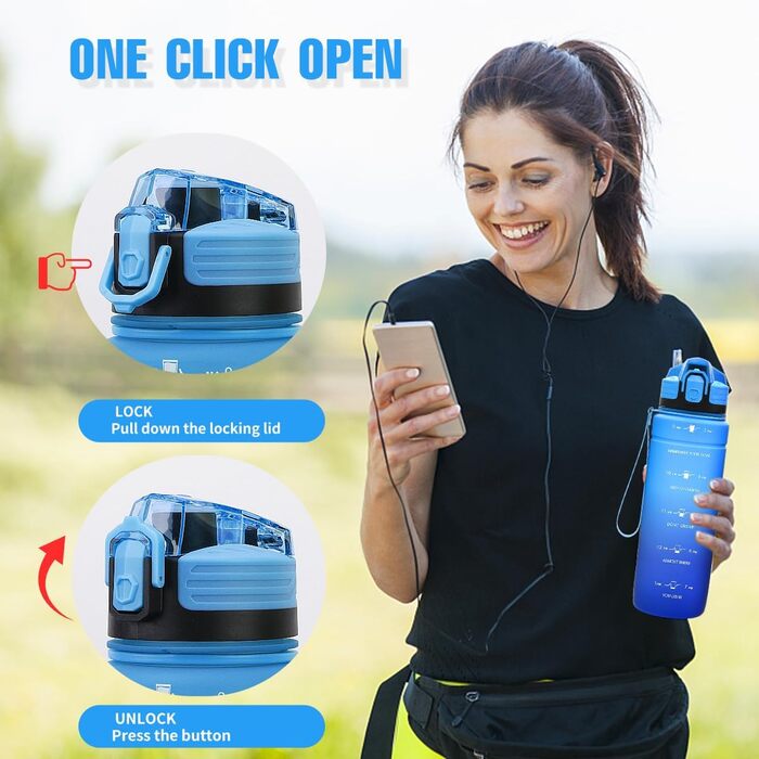 Спортивна пляшка для води Tritan 1л/500мл/700мл/1500мл, BPA-free, з маркуванням часу, витокозахисна, для фітнесу, велосипеда, відпочинку, йоги, спортзалу, школи (темно-зелений, темно-синій, світло-блакитний, блакитний)