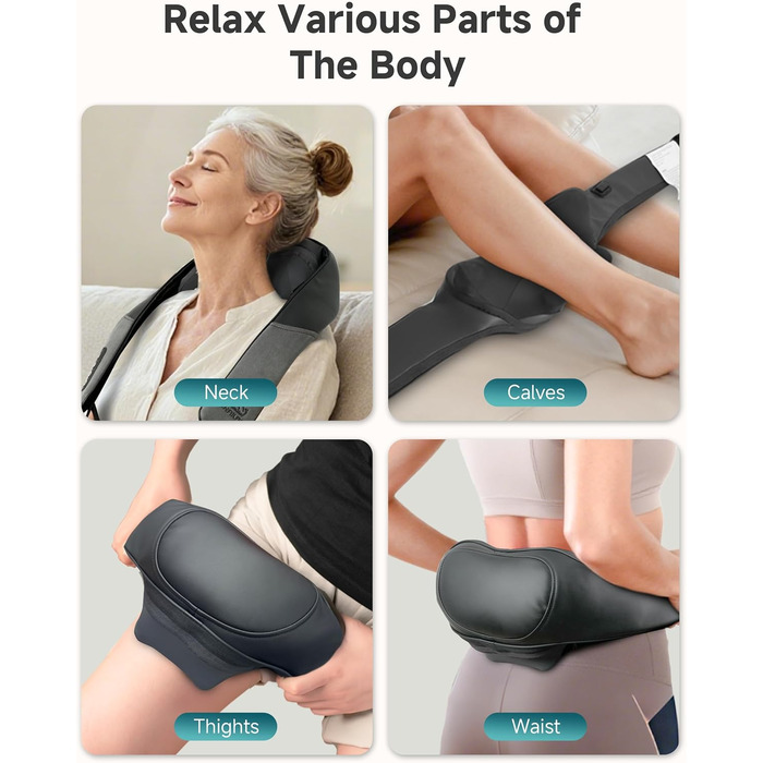 Масажер для шиї та спини Snailax Shiatsu бездротовий з підігрівом, 4D ролики, акумуляторний, USB-C, чорний