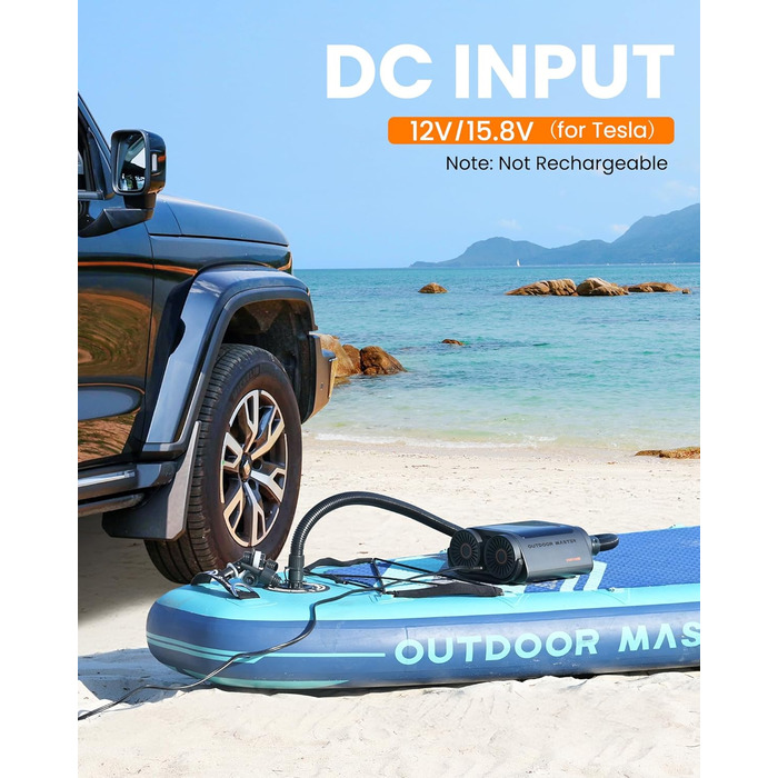 Електричний насос для SUP дошки OutdoorMaster Vortex: 20 PSI, 12V/15.8V, 8 насадок, для надування та здування, з автоматичним вимкненням та охолодженням