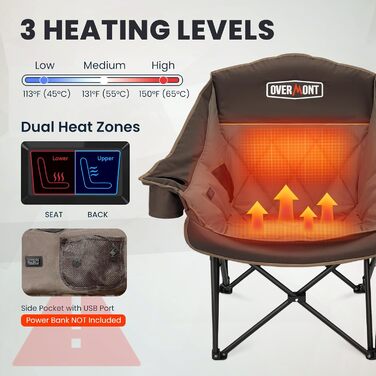 Овермонт Розкладне крісло для кемпінгу з підігрівом XL для дорослих – ідеально для зимових походів, риболовлі (Хакі)