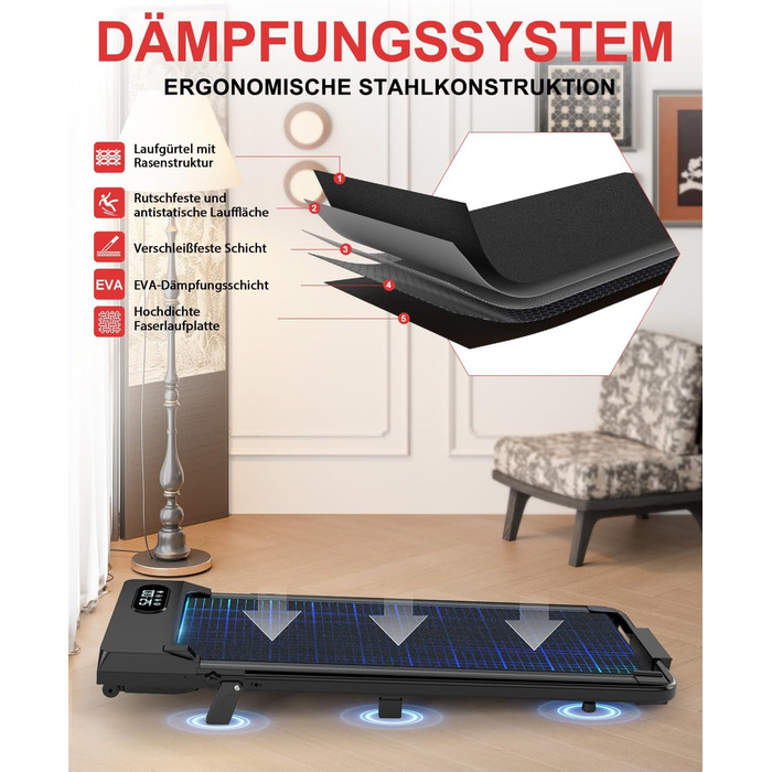 Walking Pad Dskeuzeew: Бігова доріжка з нахилом 7% для дому. 4-в-1, чорний