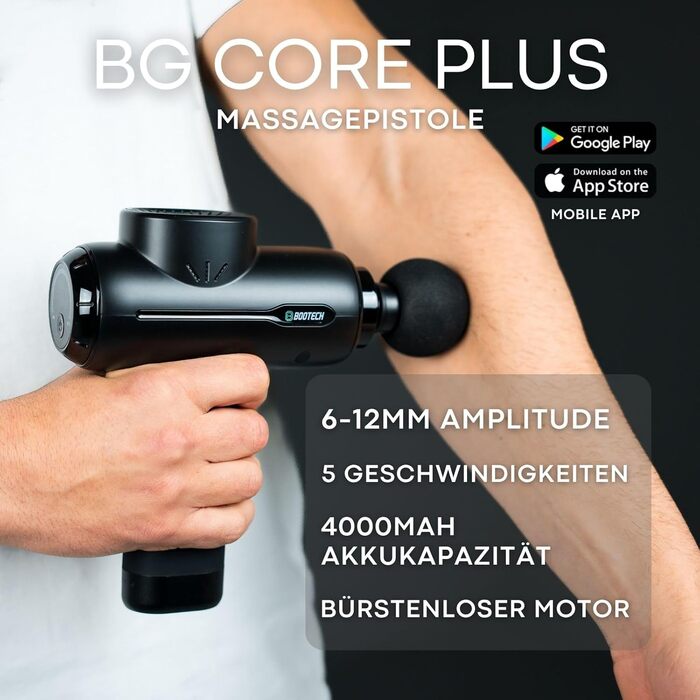 Масажер для м'язів BOOTECH CORE PLUS: тиха масажна пістолета з 6-12 мм амплітудою, 6 насадок, керуванням через додаток, для відновлення та покращення кровообігу
