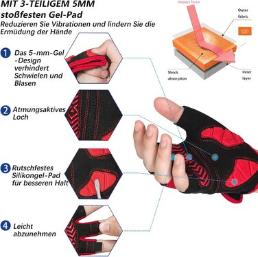 Велосипедні рукавички MOREOK для чоловіків та жінок, літні, напівпальцеві, 5 мм SBR гель, протиковзкі, амортизуючі, для гірського велосипеда, шосе та даунхілу, червоні