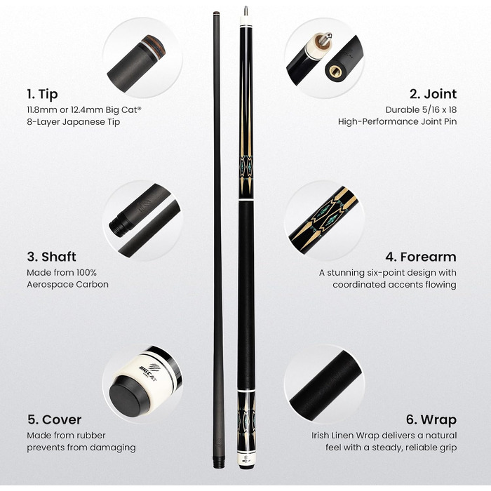 Більярдний кий Big Cat Carbon Gold Series GLD-2, карбоновий шафт Pro Taper 30,5 см, накінечник 12,4 мм, чорна ірландська лляна обмотка, 19oz