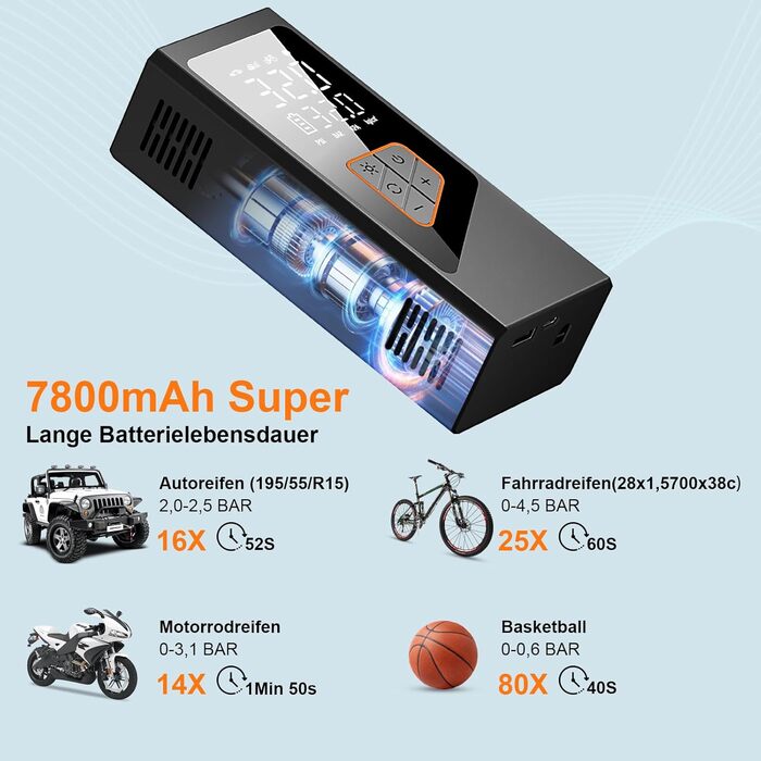 Електрична повітряна помпа-компресор 7800mAh, 150PSI з акумулятором, компактний електричний насос для велосипедів, авто, мотоциклів, м'ячів з манометром