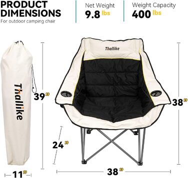 Великий складаний стілець для кемпінгу Thallike, XL, з підлокітниками, для дорослих, для відпочинку на природі, риболовлі, спорту (Чорний)
