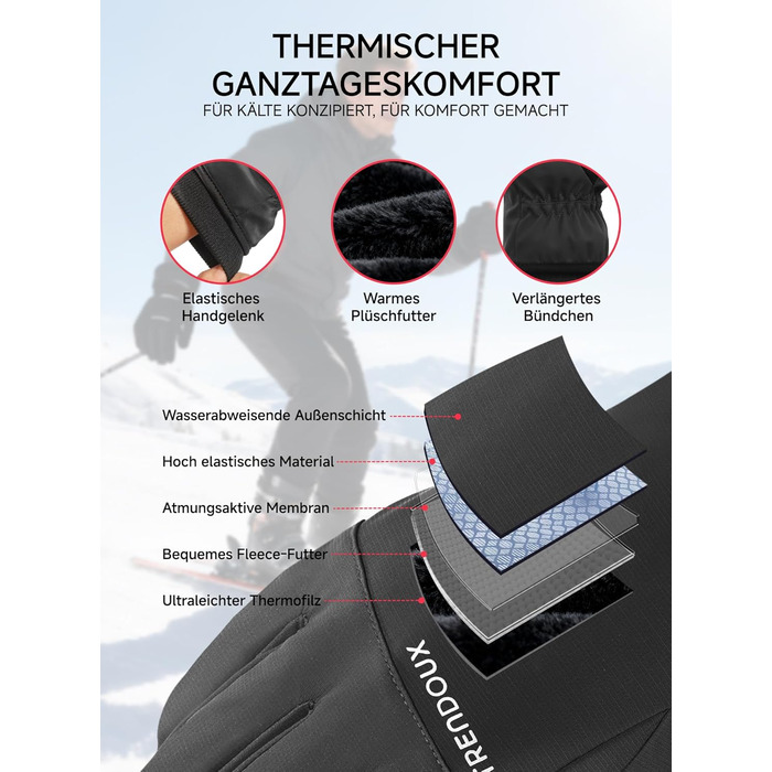 Терморукавички Trendoux для чоловіків та жінок: теплі, водонепроникні, вітронепроникні рукавички для велосипеда, катання на лижах, бігу з підтримкою сенсорного екрану та м'яким флісовим підкладкою, чорні