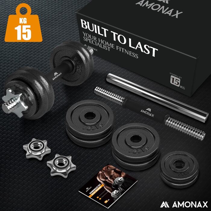 Amonax Регульовані гантелі 15/20/30 кг, набір гантелей і штанга з чавуну для чоловіків і жінок, домашній тренажерний зал, фітнес, чорний колір, 15 кг