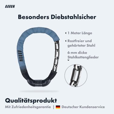 Замок для велосипеда AARON Lock One з 5-значним кодом, сталевий ланцюговий замок, високий рівень захисту, для електровелосипеда, гірського, трекінгового, туристичного та шосейного велосипеда (сіро-блакитний)