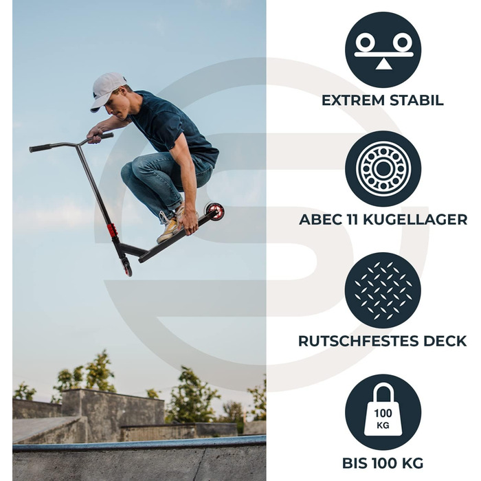 Трюковий самокат Sportisfaction для дітей і дорослих, алюмінієва дека, ABEC11, до 100 кг, синій/жовтий/червоний