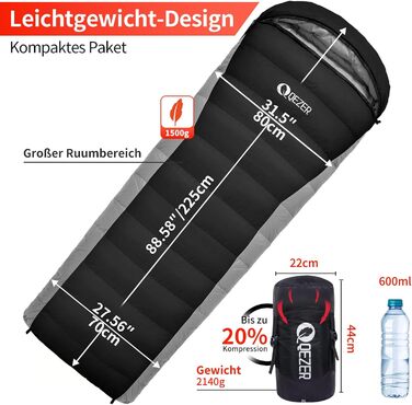Сплячий мішок пуховий, зимовий, 600FP+, 12°C - -24°C, легкий та теплий, для 3-4 сезонів, кемпінг, трекінг, походи, оранжевий/чорний