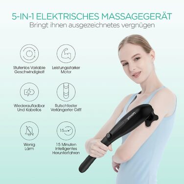 VOYOR HEALTH Перкусійний масажер для тіла, ручний електричний масажер для спини, глибокий масаж, 5 насадок, регульована швидкість, MH560, чорний