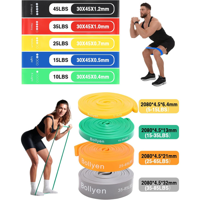 Набір еластичних стрічок для фітнесу: 9 шт. для силових тренувань, йоги та розтяжки вдома – включає тренувальний банд, турнік-стрічку, постер та сумку