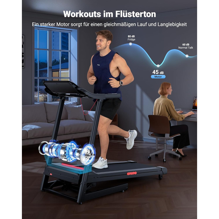 Біговий тренажер THERUN для дому та офісу, 14 км/год, 3.0 PS, нахил, датчики пульсу, складний, 136 кг, LED-підсвітка