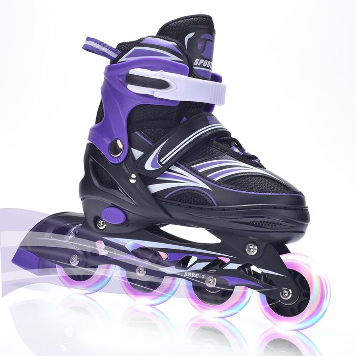 Дитячі ролики ERAN з регулюванням розміру. Роликові ковзани, регульовані на 4 розміри для дівчаток/хлопчиків/дітей, для використання в приміщенні та на вулиці, фіолетовий колір