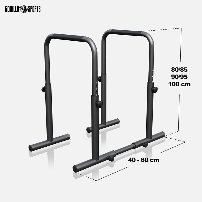GORILLA SPORTS® Бруси для віджимань та діпів, регульовані, 80-100 см, нековзні, сталь, до 500 кг, чорні – паралети, станція для діпів, обладнання для калістеніки для дому
