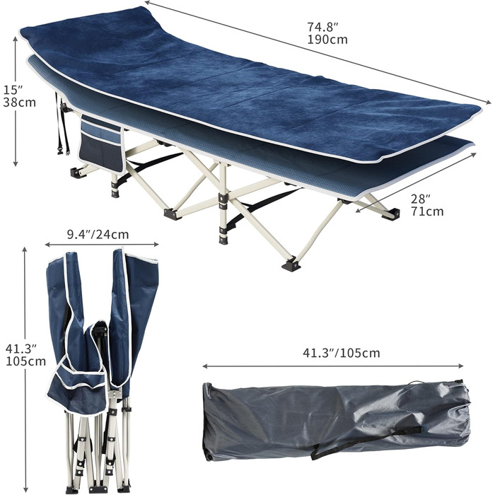 Складне туристичне ліжко YITAHOME для дорослих з матрацом, чорне (синій + подушка)