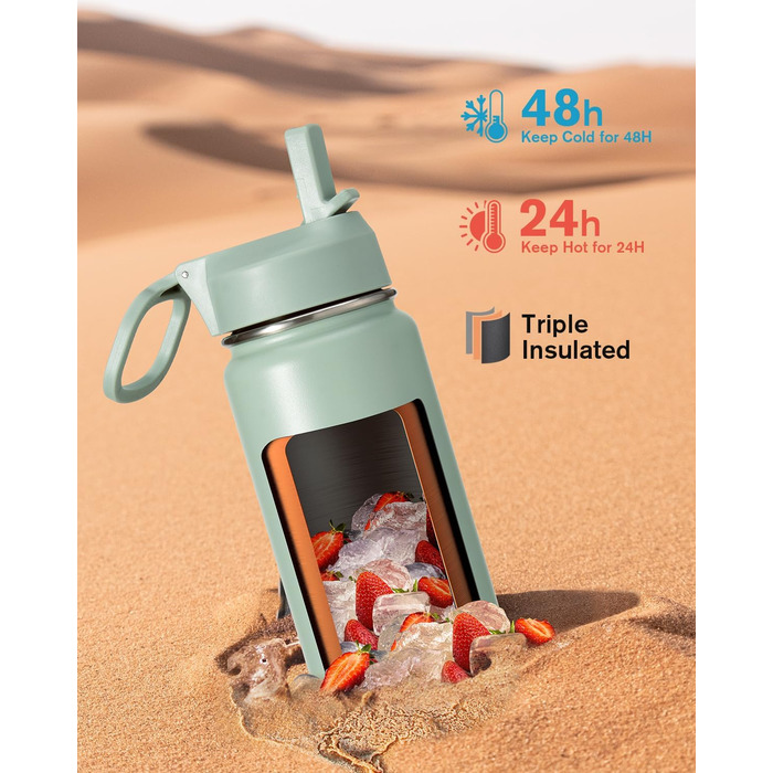 Фляга Coolflask 1,2 л з ізоляцією та трубочкою, нержавіюча сталь, 3 кришки, для спорту та офісу, зберігає холод до 48 годин, тепло до 24 годин, сіро-зелений колір