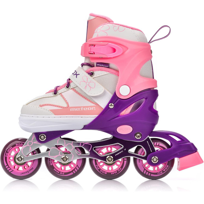 Дитячі ролики Meteor Rox з регулюванням – ролери для дівчаток та хлопчиків, ABEC-7 підшипники, PU-колеса 72 мм, 80A, алюмінієвий фрейм, розміри S30-33, M34-37, L38-41 (рожеві)