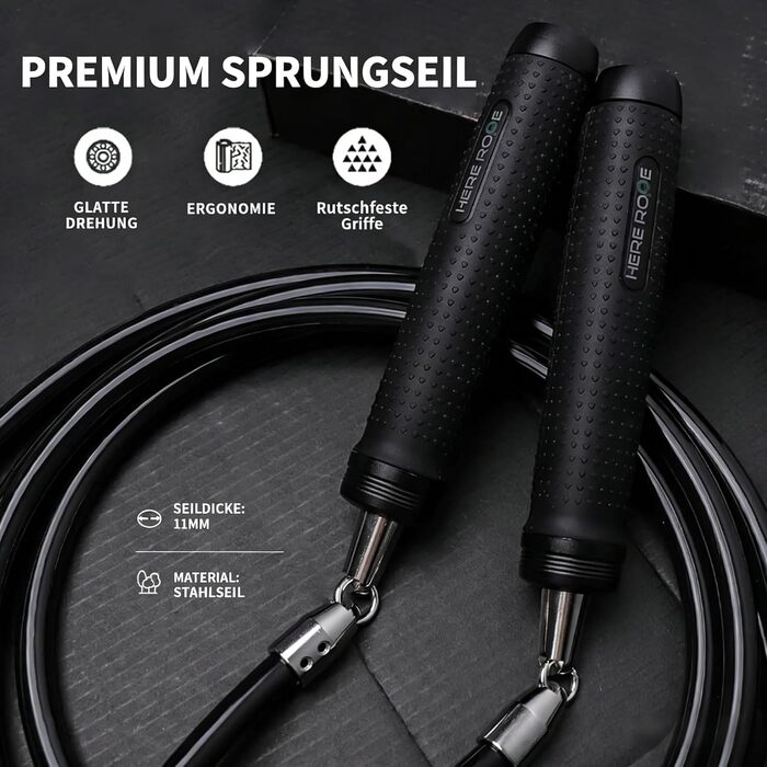 Скакалка з утяжеленням Hererope, 11 мм сталевий трос, металеві ручки, регульована довжина, для тренувань та фітнесу, чорний