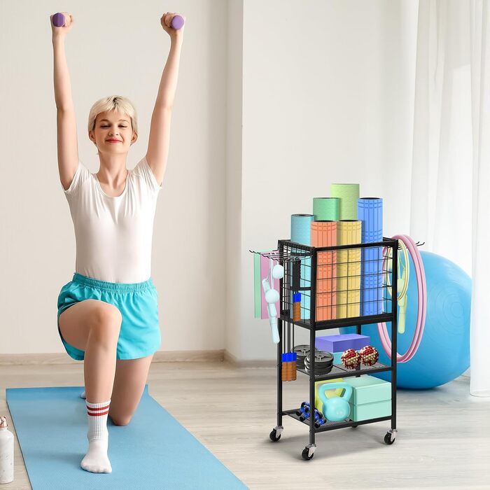 Стійка для гантелей та йога-матів LIANTRAL з колесами та гачками, чорна. Багатофункціональна стійка для зберігання спортивного обладнання для дому