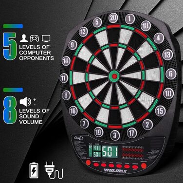 Електронний дартс WIN.MAX Profi Set: 34 гри, 354 варіанти, 3 мови (нім., англ., фр.) для 1-8 гравців + 12 дротиків (зелені та червоні)