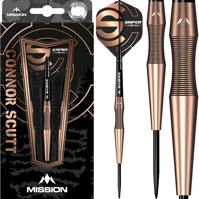 Дротики Mission Connor Scutt V2, сталевий наконечник, бронзове PVD, Sniper, 90% вольфрам, різні ваги