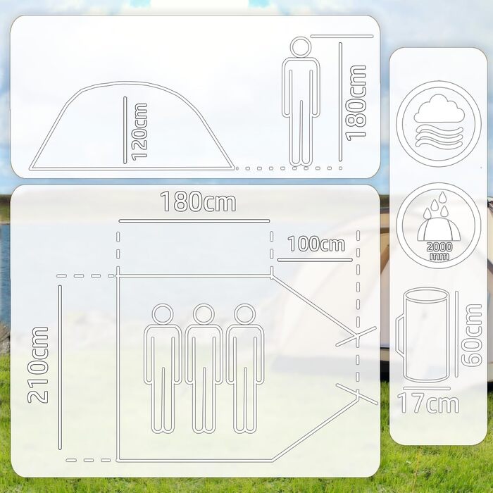 Купольний намет для 3 осіб 210x180x120 см, водовідштовхування 2000 мм, кемпінг, трекінг, фестиваль, іглу