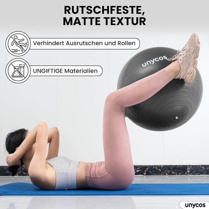 Фітбол Unycos 55/65/75 см: фітбол для йоги, фітнесу, балансу, пілатесу | З насосом, без BPA, антивибуховий | Зелений (#10), Сірий (#12)