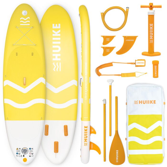 Надувний SUP Борд HUIIKE Stand Up Paddle Board з аксесуарами: весло, фіни, насос. Висока стабільність, міцність. Розмір 305x84x15 см, до 130 кг (Enjoyer Yellow - Essential)
