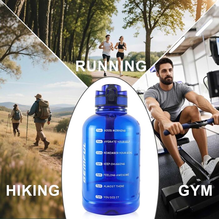 Фляга для води GEMFUL 2L з позначкою часу - BPA-free, без витоку, спортивна фляга 2L з ручкою для фітнесу, офісу та відпочинку на природі (Короїдний блакитний)
