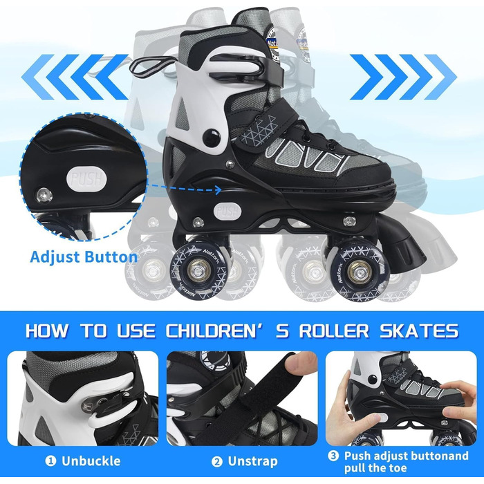 Дитячі ролики Nattork для дівчаток та хлопчиків, регульовані, з підсвічуванням, 4 розміри, для занять в приміщенні та на вулиці (EU 31-34, Чорний)