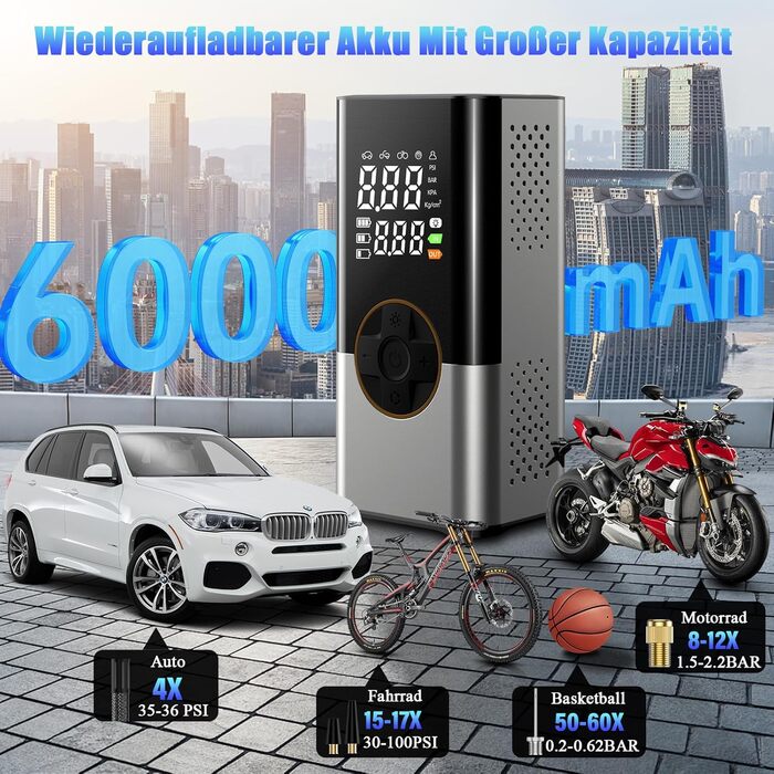 Електричний повітряний насос-акумулятор BOOTEEK 12В 6000mAh, портативний компресор 150 PSI з манометром та LED-ліхтарем для авто, мотоцикла, велосипеда, м'ячів, з функцією Powerbank USB