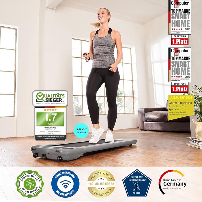 Доріжка для ходьби SportPlus для дому та офісу, тиха, до 6 км/год, під стіл, сумісна з додатком, навантаження до 120 кг