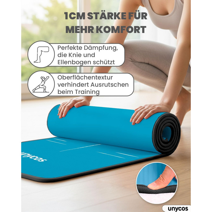 Килимок для йоги Unycos з неслизькою поверхнею | Висока щільність 6/10/15 мм, тренувальний килимок для гімнастики з ременем для перенесення, з електронною книгою. Дружній до шкіри фітнес-килимок для пілатесу, тренувань, спортзалу (#21 Синій + Чорний, 183*