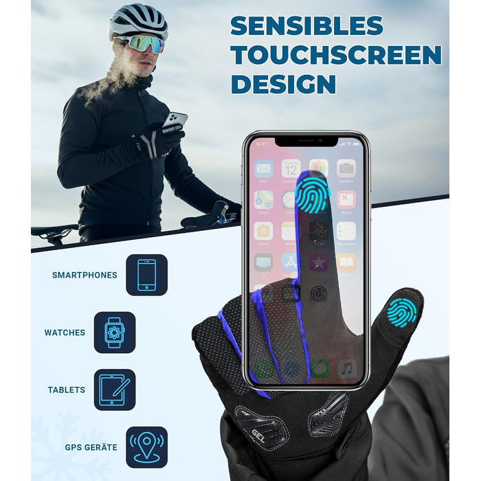 Рукавички велосипедні зимові FDX Thermo (чоловічі/жіночі) з гелевою подушечкою, водонепроникні, теплі, дихаючі, антиковзкі, з підтримкою сенсорного екрану, розмір XXL, чорно-сині