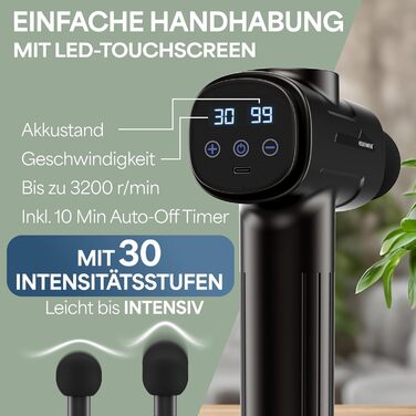 Масажний пістолет з 6 насадками та 30 швидкостями, USB-C, LCD, для м'язів, чорний