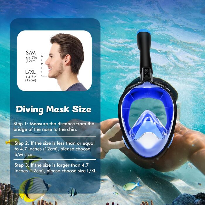 Набір для снорклінгу та дайвінгу для дорослих: маска-половинка, ласти, чохол. Широкий огляд 180°, фіксація камери, регульовані ласти