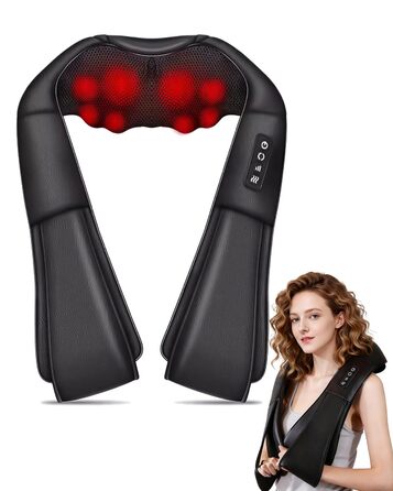 Масажер для шиї з підігрівом 2026, 4D Shiatsu масажер для шиї та плечей, знімає біль у шиї, спині, попереку тощо, з мережевим та автомобільним адаптером, подарунок для батьків та партнерів, чорний