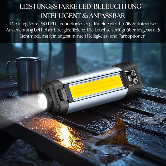 Багатофункціональний ліхтар 12 в 1 з LED, акумулятором, магнітом та телескопічною штангою: ліхтар для кемпінгу, ліхтарик, робочий ліхтар для майстерні, powerbank – для саду, відпочинку на природі та не тільки